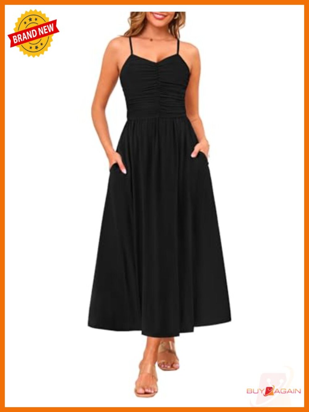 Women's Adjustable Spaghetti Strap Ruched Maxi Sun Dress with Pockets